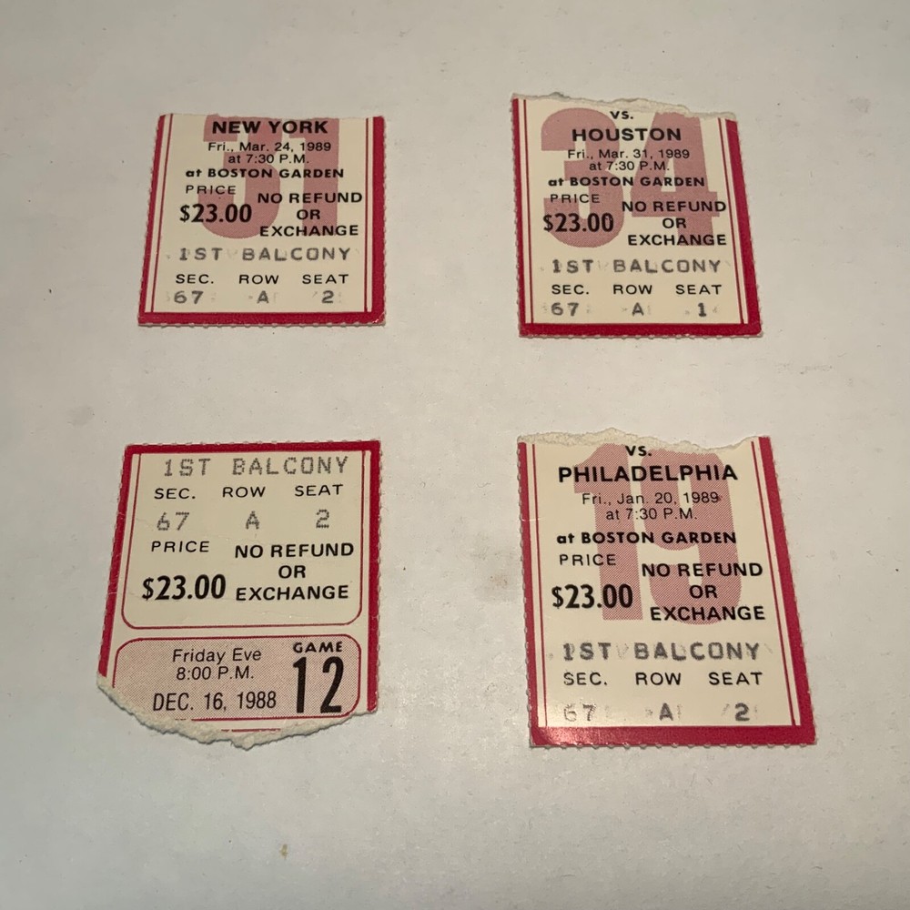 Lot of 4 1988-89 Celtics ticket stubs / vs. Ewing, Magic, Barkley, Olajuwon VG