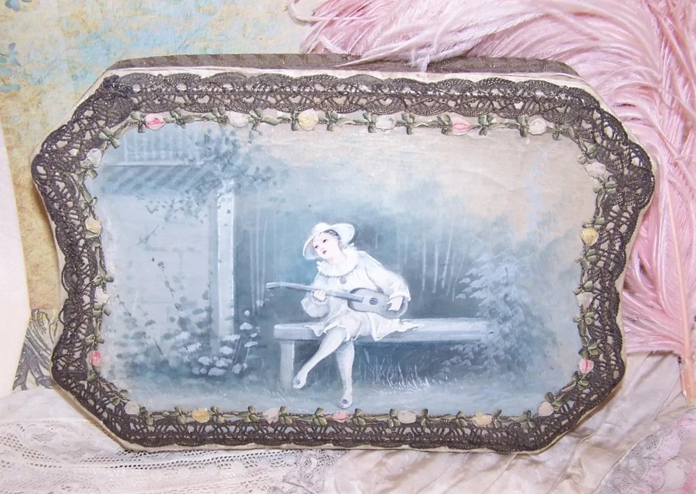 Antique Napoleon III French Candy Box - Handpainted Pierrot & French Ribbon Trim
