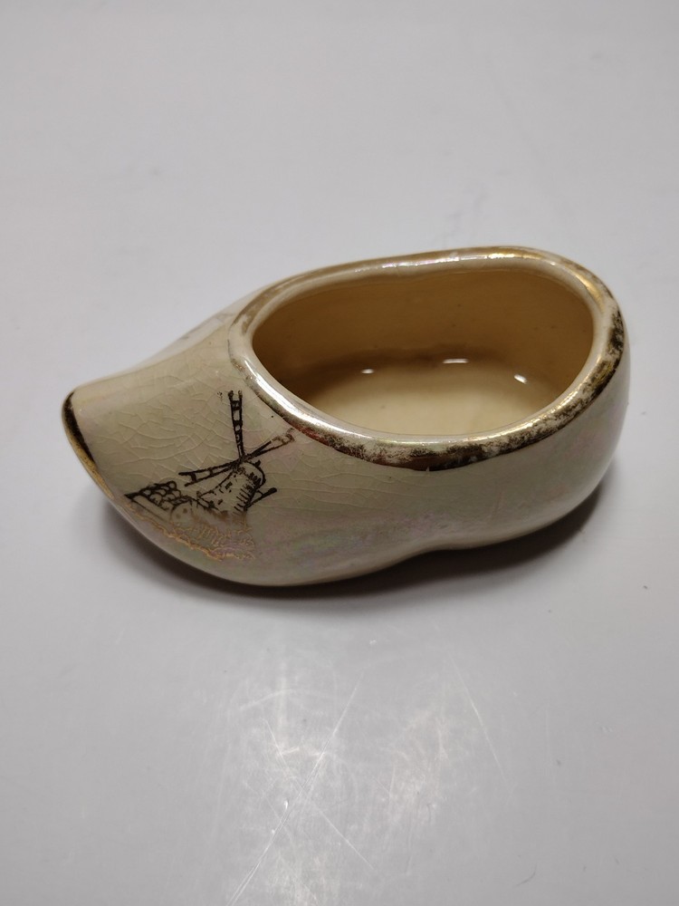 Vtg Dutch Clog, Hand Painted, 2  Windmills Shoe Ceramic Planter Gold Flake 3.5