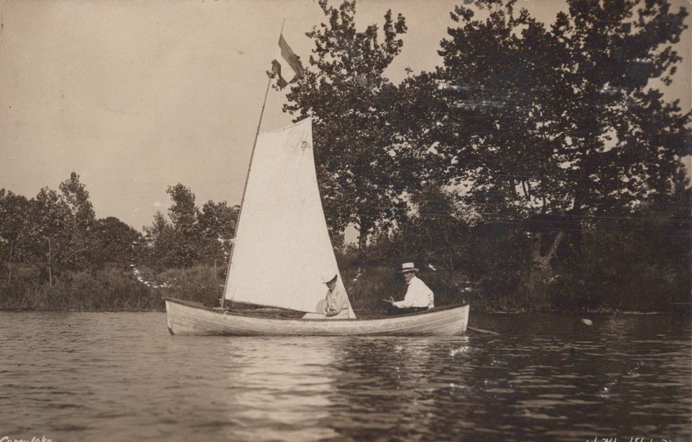 Three Rivers MI Michigan ~ Boat scene Corey Lake RPPC 1910