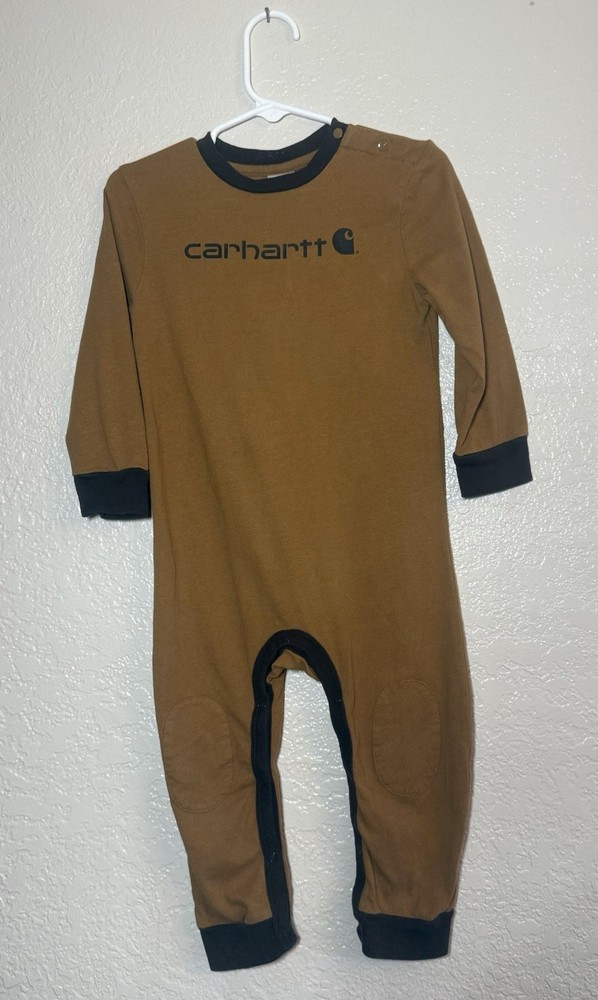 Carhartt Brown Black Long Sleeve Cotton Coverall One-Piece Snap Logo Bodysuit