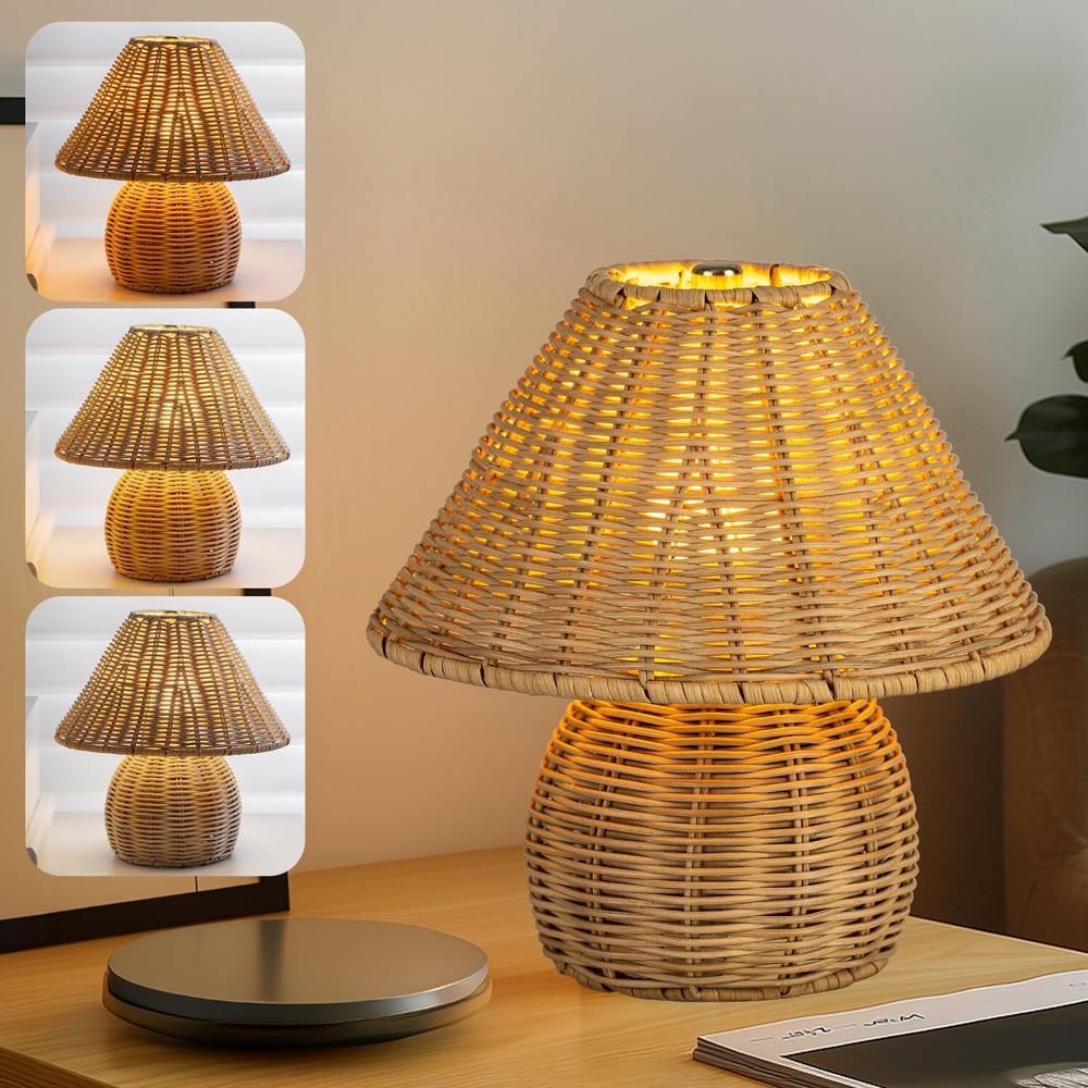 Bamboo Table Lamp Handmade Boho Rattan Vintage Bedside Lamp Wooden Nightstand