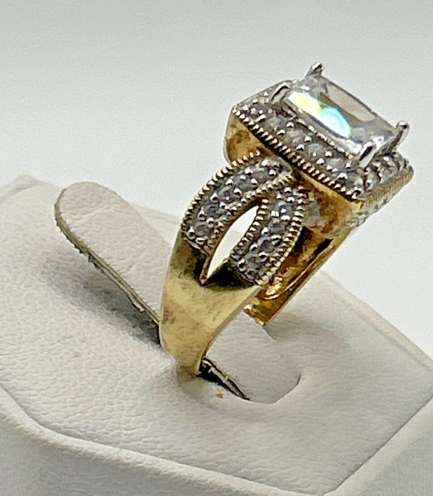 Gold Tone .925 Vintage Sterling Silver Estate Ring Size 6 Colorless Stone