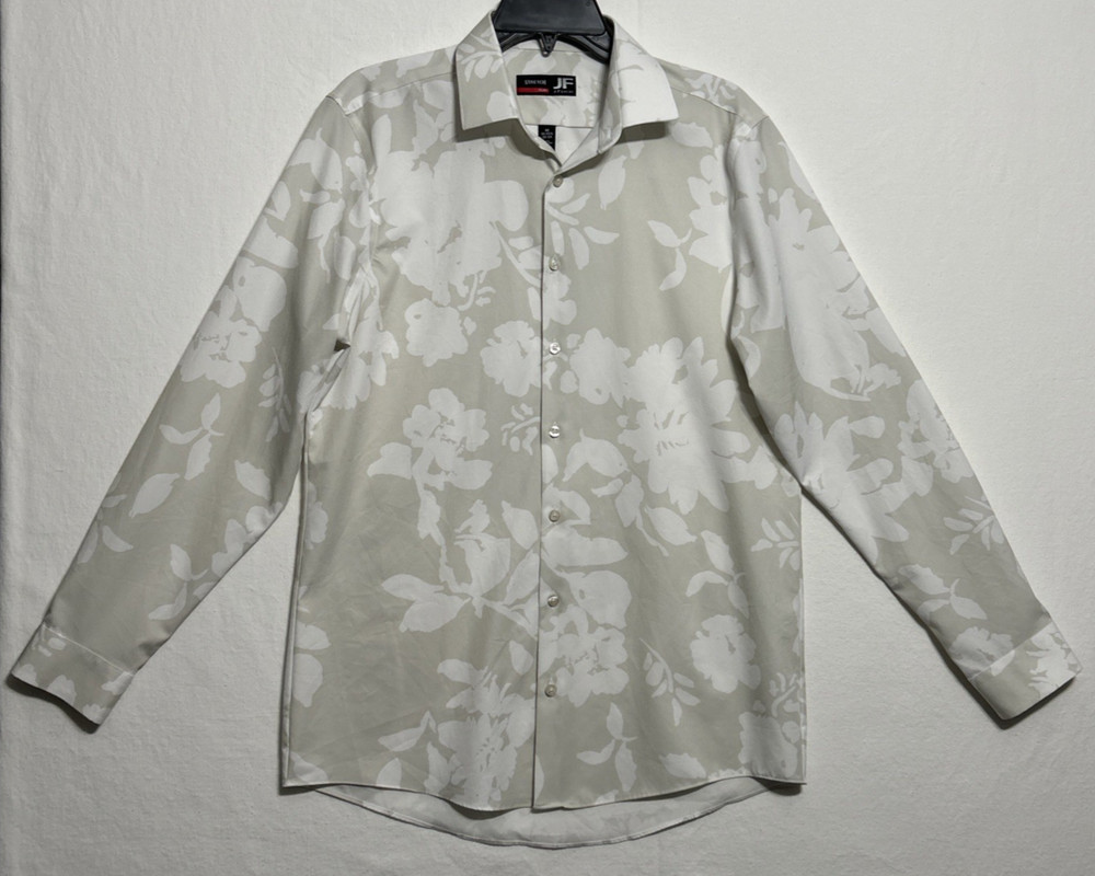 J Ferrar Stretch Slim Medium Button Up Long Sleeve Collared Shirt Floral White