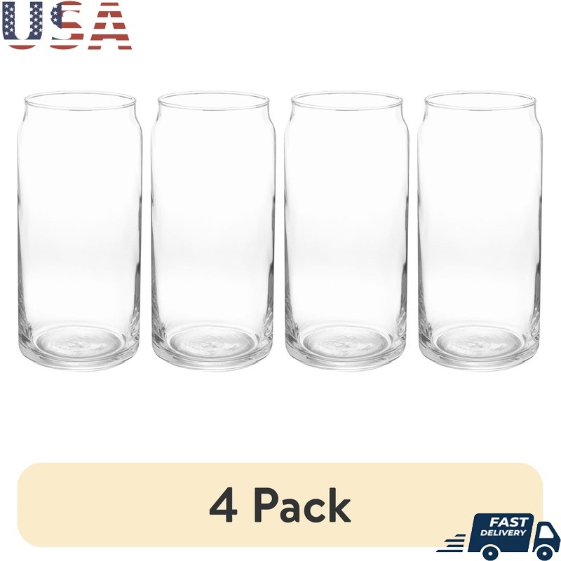 20oz Clear Can Shaped Drinking Glass Set of 4 Unique Beer Tumblers Parties New