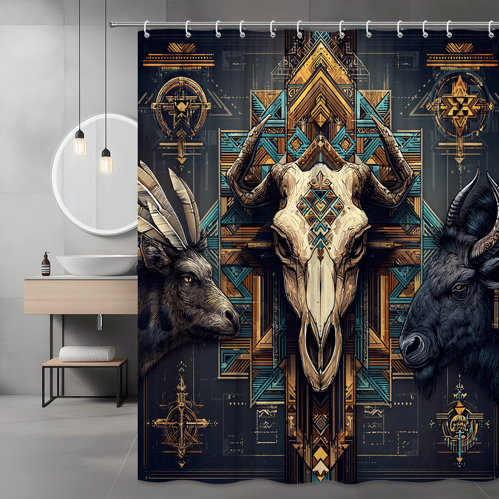 Western Animal Skull Shower Curtain Aztec Geometric Print