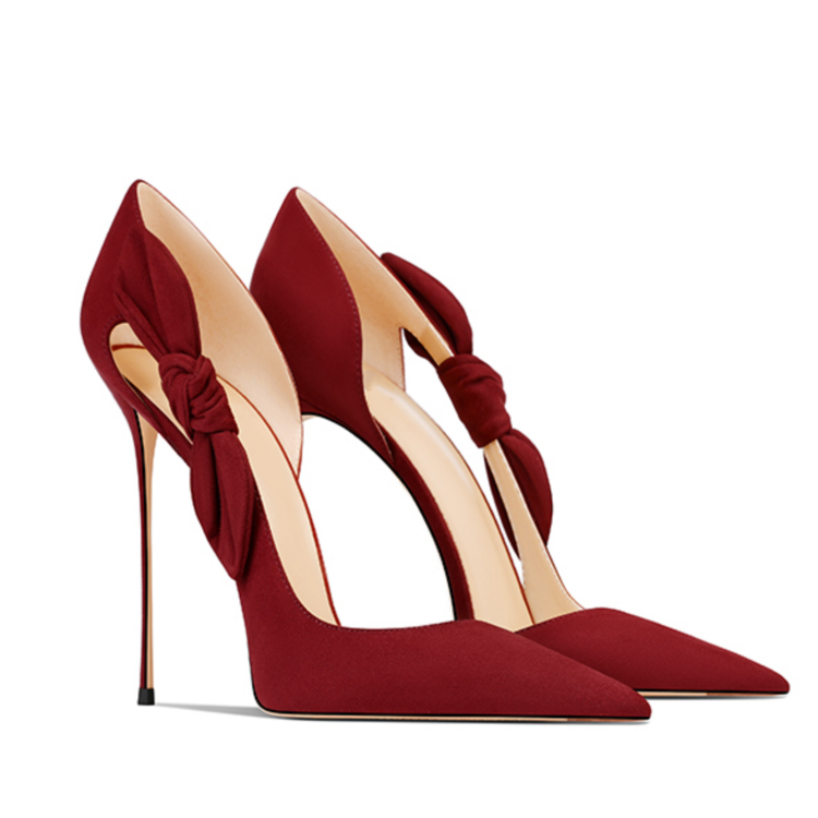 Women's Slip-On Stiletto Pumps with Pointed Toe & Faux Suede Bowknots