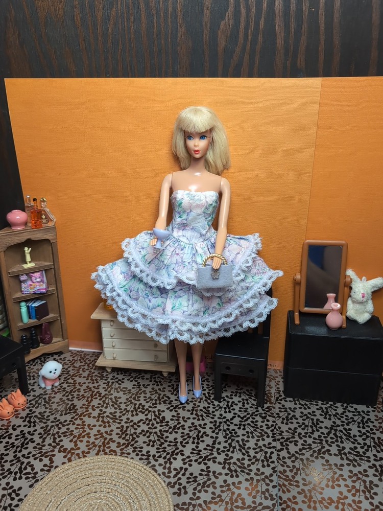Vintage Barbie Clone Outfit - Ruffled Layers Dress, Purse, Pumps ++
