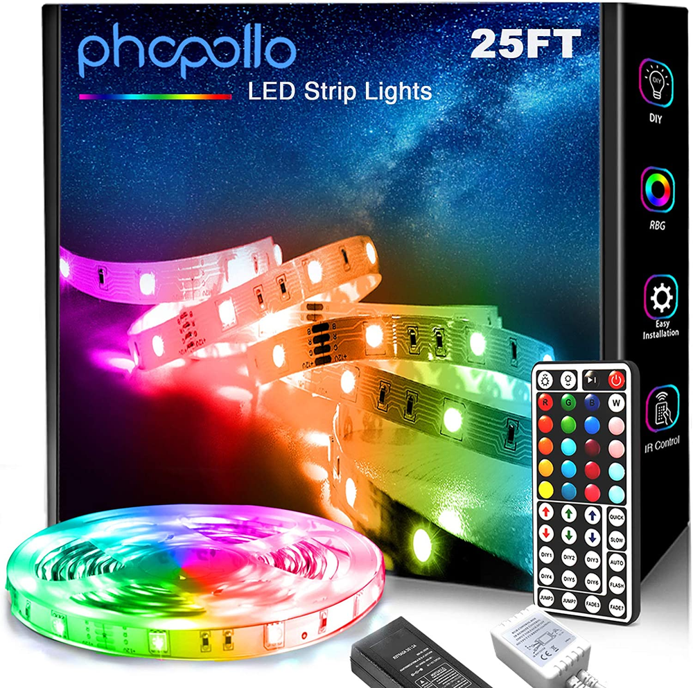 25Ft 5050 LED Strip Lights for Bedroom with 44-Key IR Remote Control