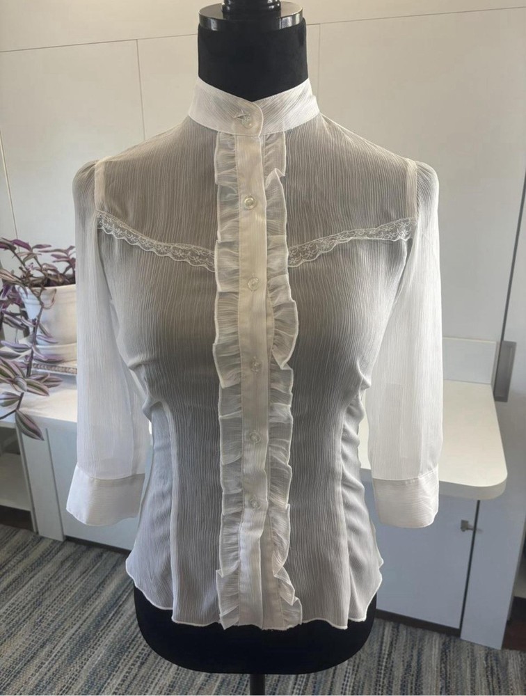 lola White Chiffon Ruffle Button Lace Sheer 3/4 Sleeve Blouse Women's Size S