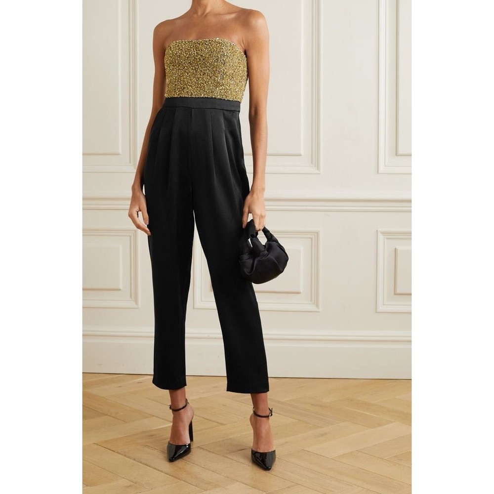 Alice + Olivia Jeri Rhinestone Embellished Strapless Jumpsuit black gold size 2