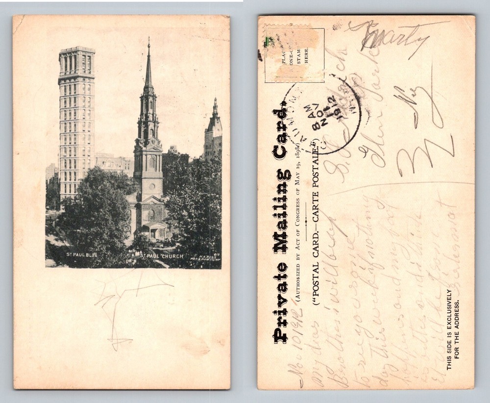 New York City NY, St Paul Building & Church Vintage c1912 Postcard