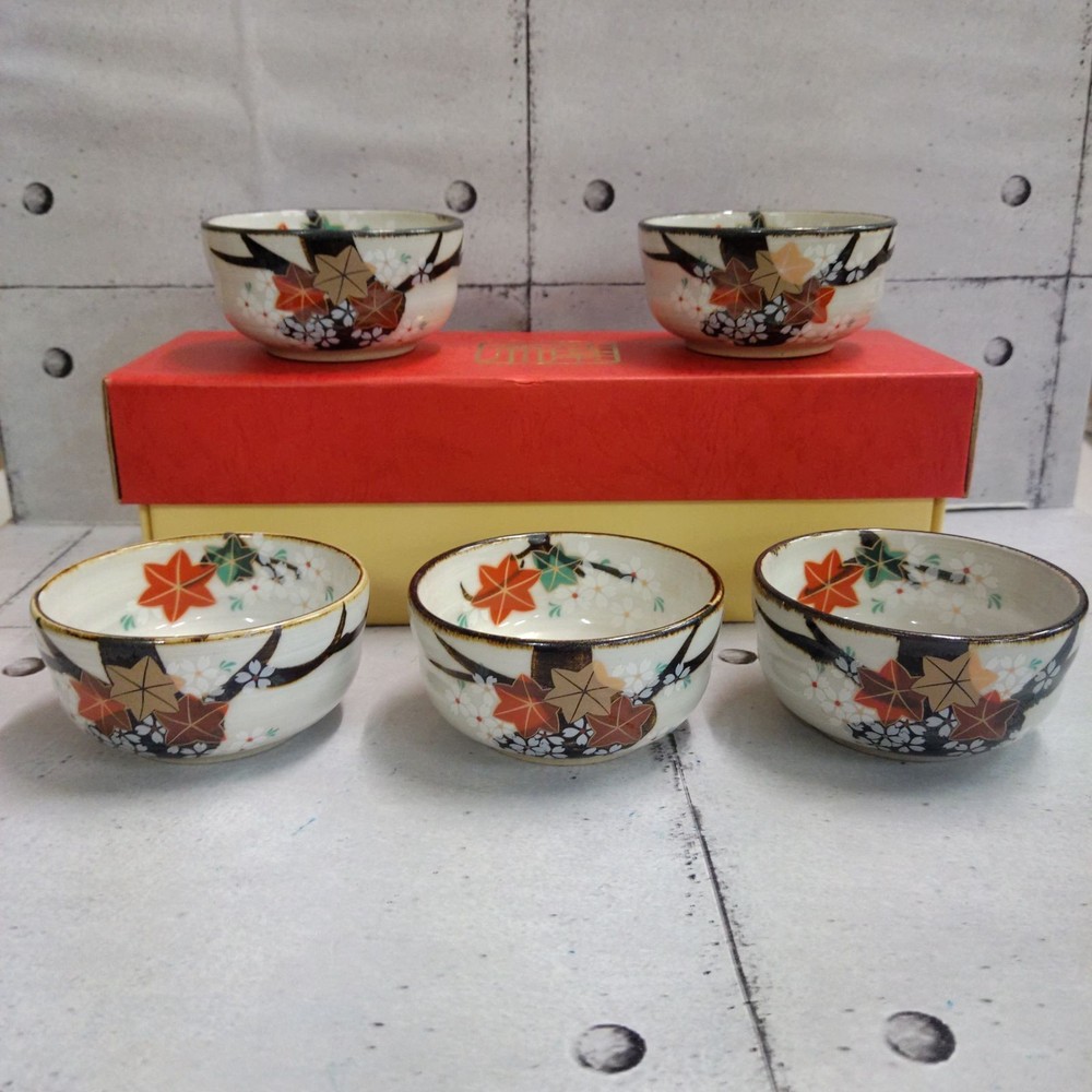 Kyoto Kutani Yaki Tea Cup Cherry Blossom & Maple Autumn Design Traditional Blue
