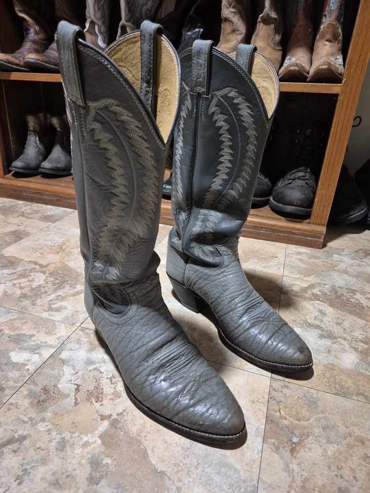 Vintage Justin Bull Hide Grey Cowboy Boots Size 9.5 Western Buckaroo Style 2205