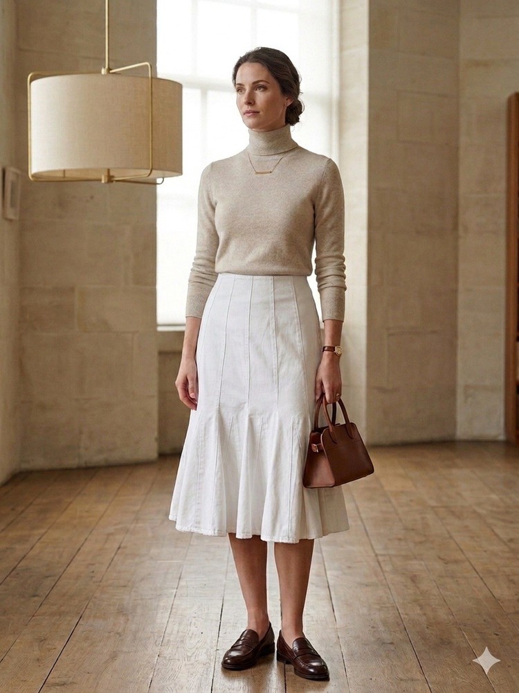 Lauren Ralph Lauren White Denim Trumpet Skirt - Paneled Midi Mermaid - Size 14
