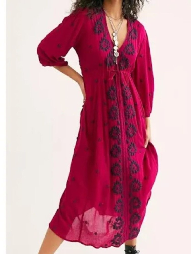 Free People M Magenta Embroidered V-Neck Midi