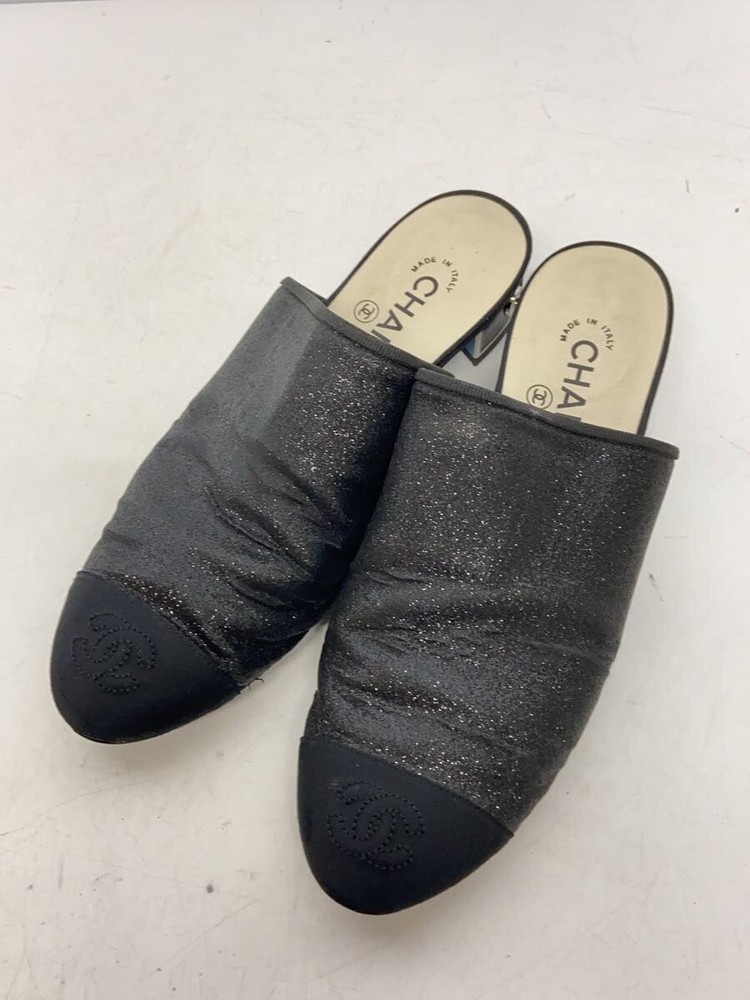 Chanel CC Logo Black Heeled Mule Sandals EU 37.5 Preowned Fast Shipping