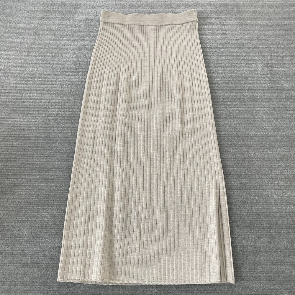 Uniqlo Skirt Women S Beige Ribbed Midi Side Slit Wool Blend Minimalist Classic