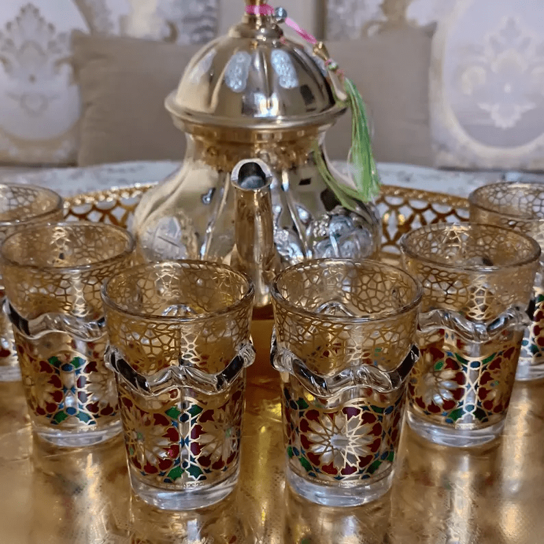 Set of 6 Handcrafted Authentic Moroccan Fassi Zellige Crystal Tea Glasses
