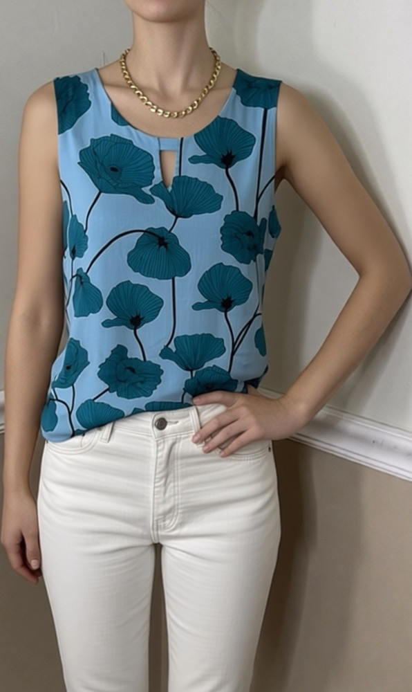 CAbi Women's Sleeveless Floral Blouse, Round Neck Keyhole, Blue/Teal Size S