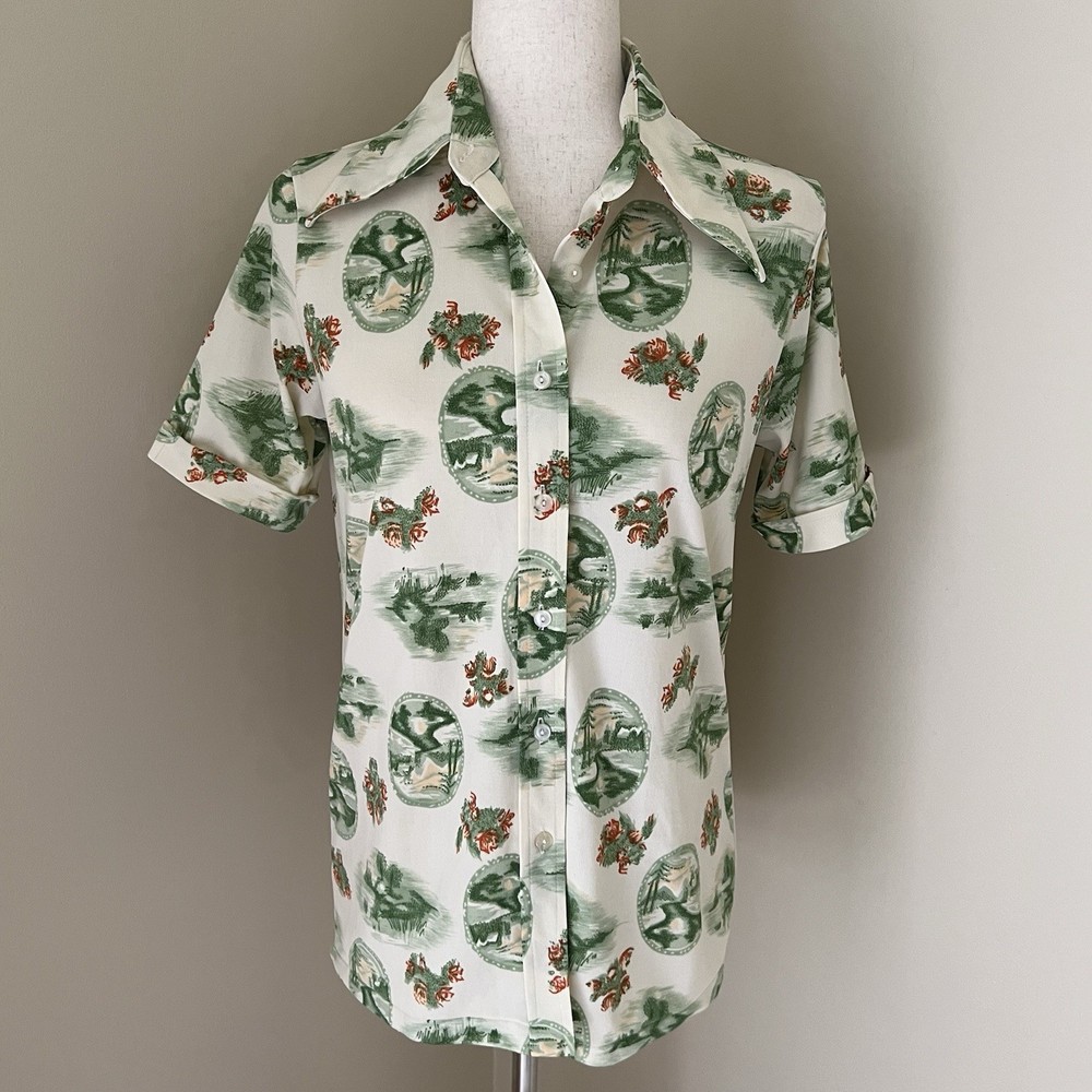 VTG 70s Womens Dagger Collar Disco Shirt Sz M Polyester Groovy Hawaiian Tiki Bar