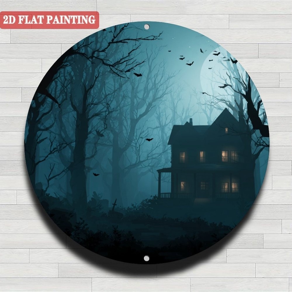 Vintage Halloween Metal Wall Art Spooky House Bats Design