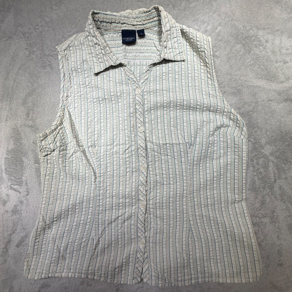 Vintage Sonoma XL Sleeveless Button Down Shirt Blue White Striped 100% Cotton
