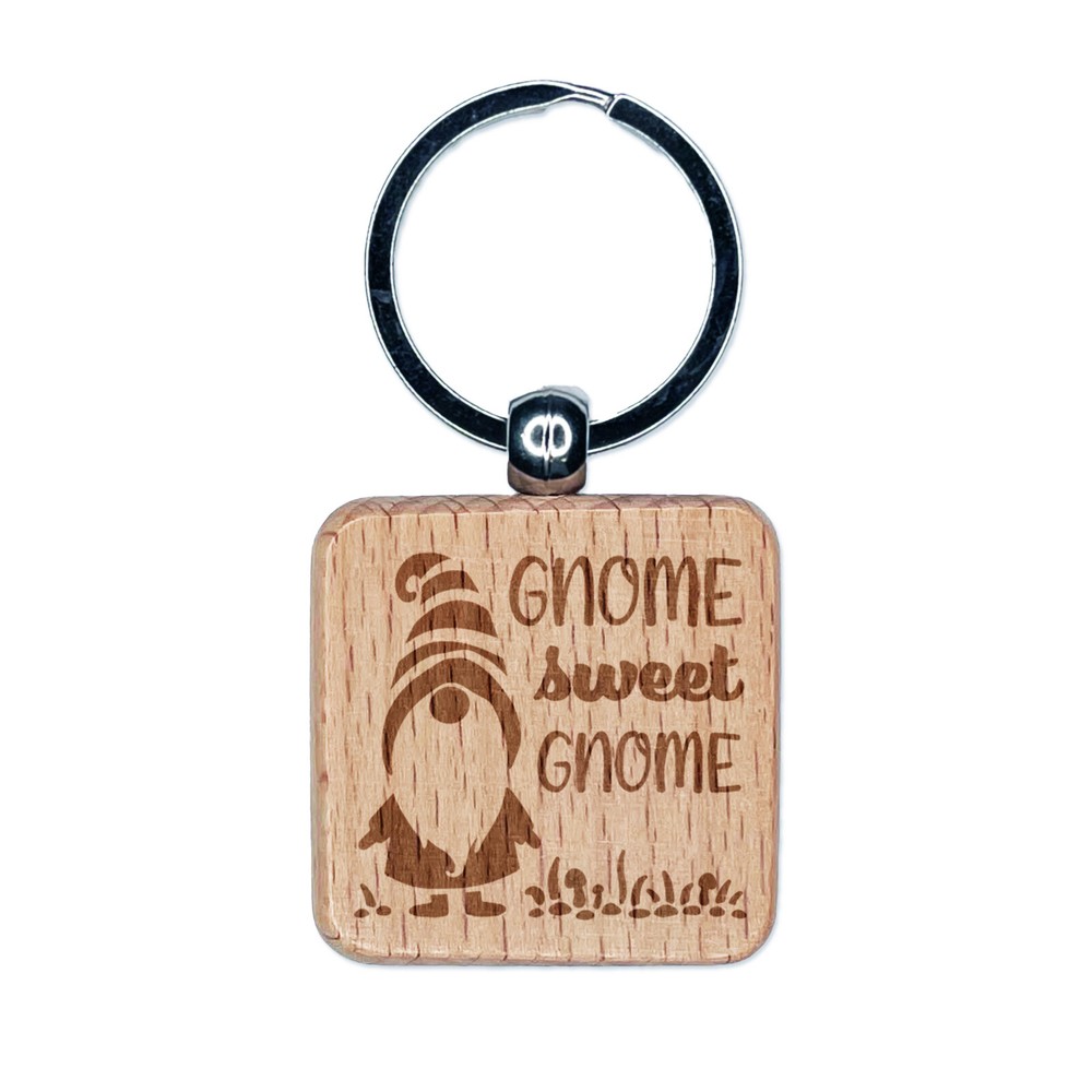 Gnome Sweet Gnome Home Striped Hat Engraved Wood Square Keychain Tag Charm