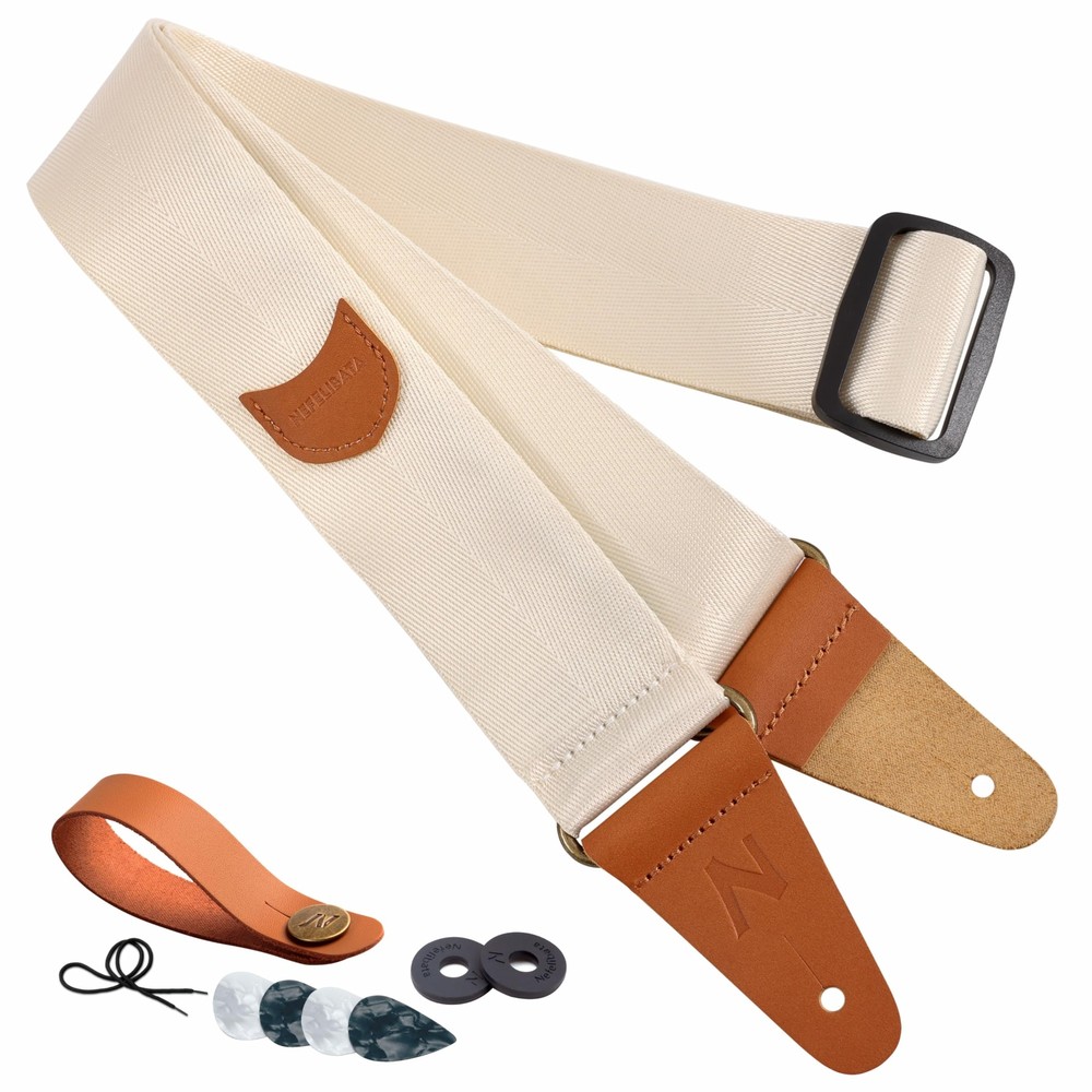 Guitar Strap with Pick Pocket, Vintage Nylon Full Grain Leather Ends Guitar S...
