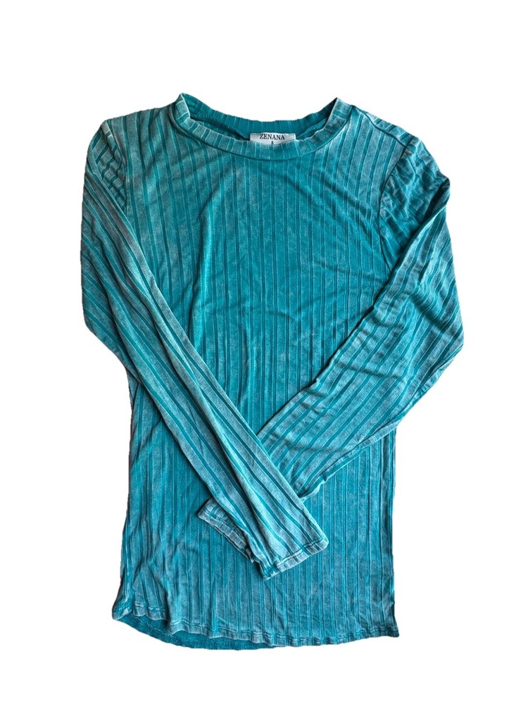 Zenana Blue Ribbed Knit Crew Neck Long Sleeve Stretch Pullover Tee Size S