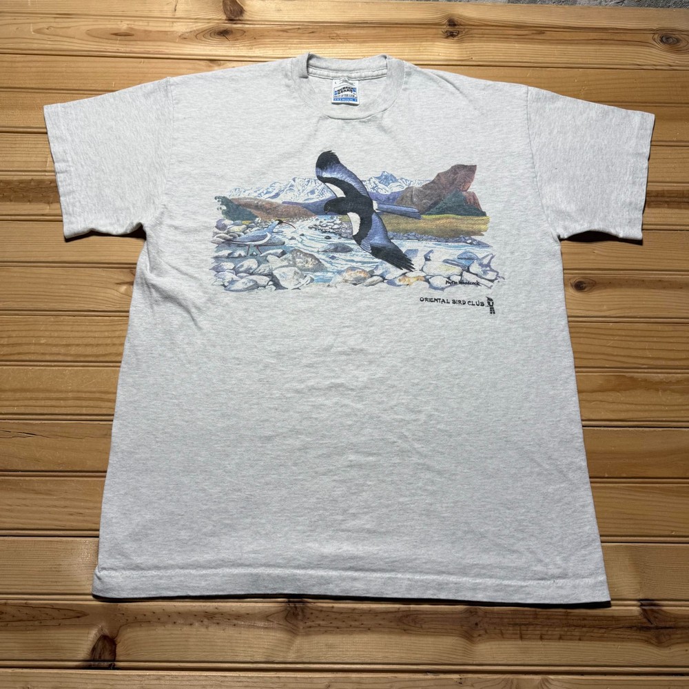 Vintage 90s Oriental Bird Club Nature River Ornithology Graphic Shirt USA Large