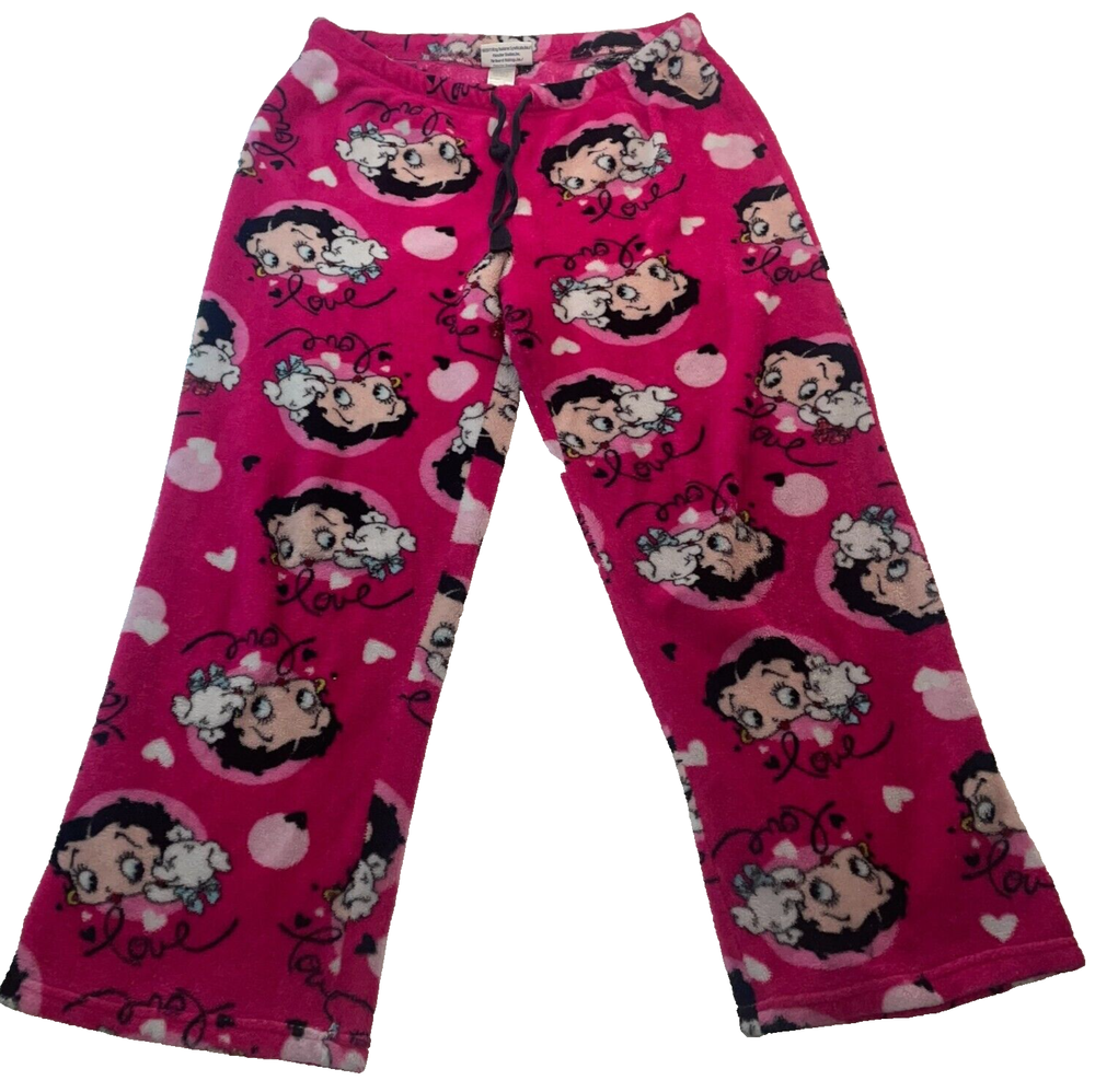 Betty Boop Pudgy Dog PJ Pants Pink Love Hearts AOP y2k Warm Cozy Fleece Pajama S
