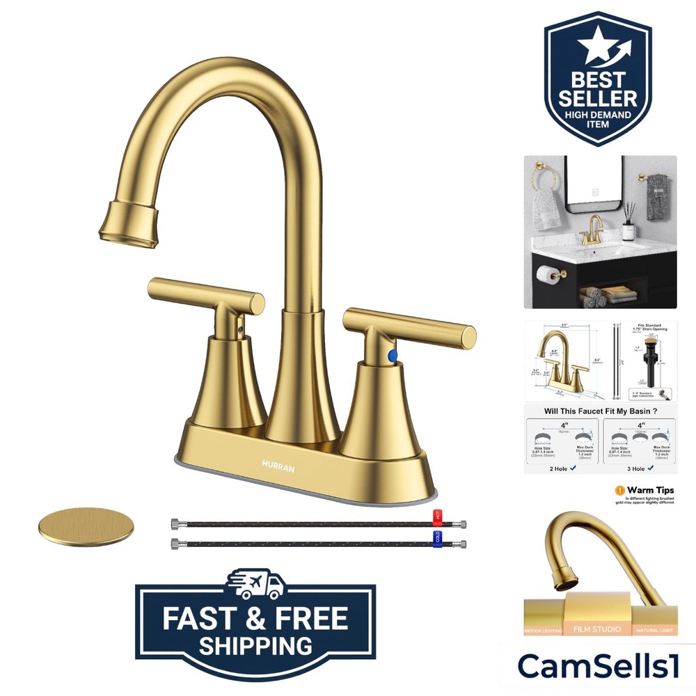 4 inch Brushed Gold Bathroom Sink Faucet with Pop-up Drain and 2 Supply Hoses...