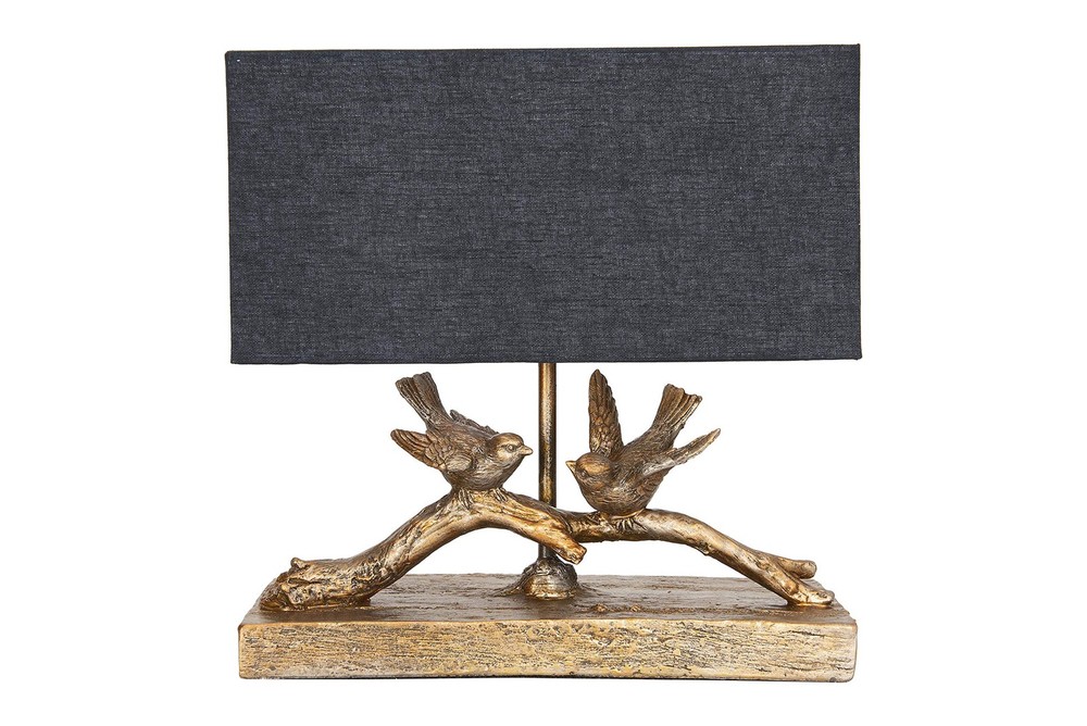 Rustic Resin Bird Table Lamp with Black Rectangular Shade and Gold Finish