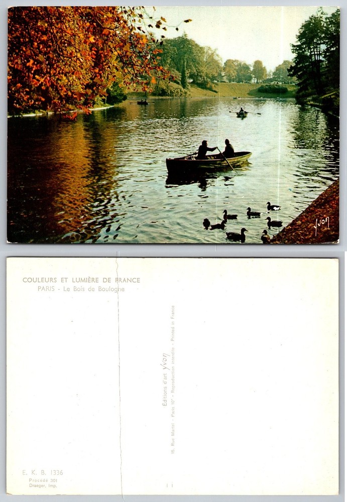 Vintage Paris Bois de Boulogne Park Rowboat Ducks Autumn Yvon Postcard