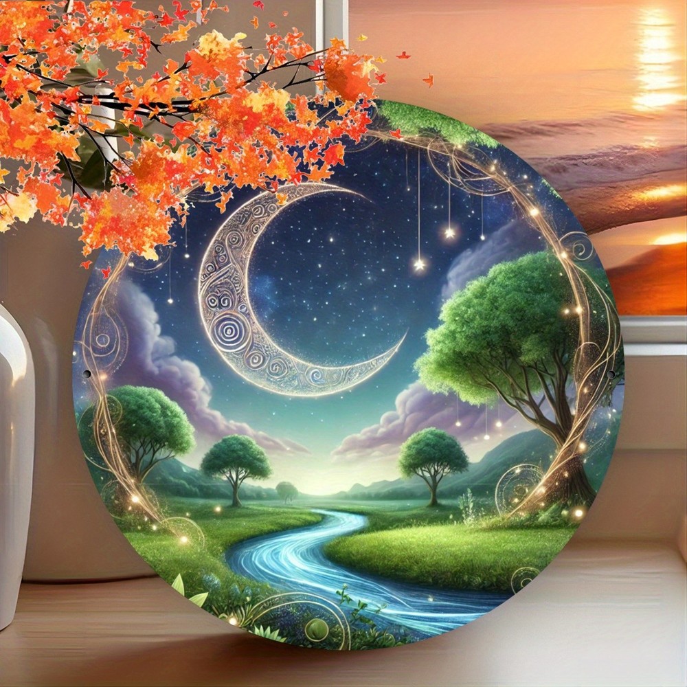 Large Crescent Moon and Starry Night Aluminum Wall Art for Living Room