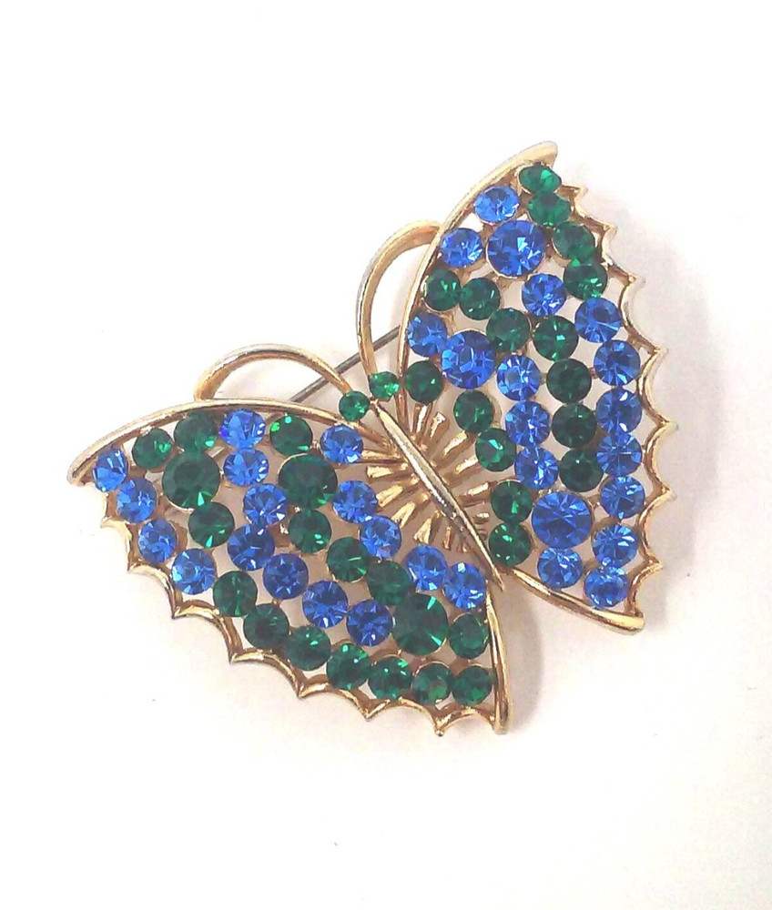 Vintage Lisner Blue & Green Rhinestone Butterfly Gold Tone Brooch Pin