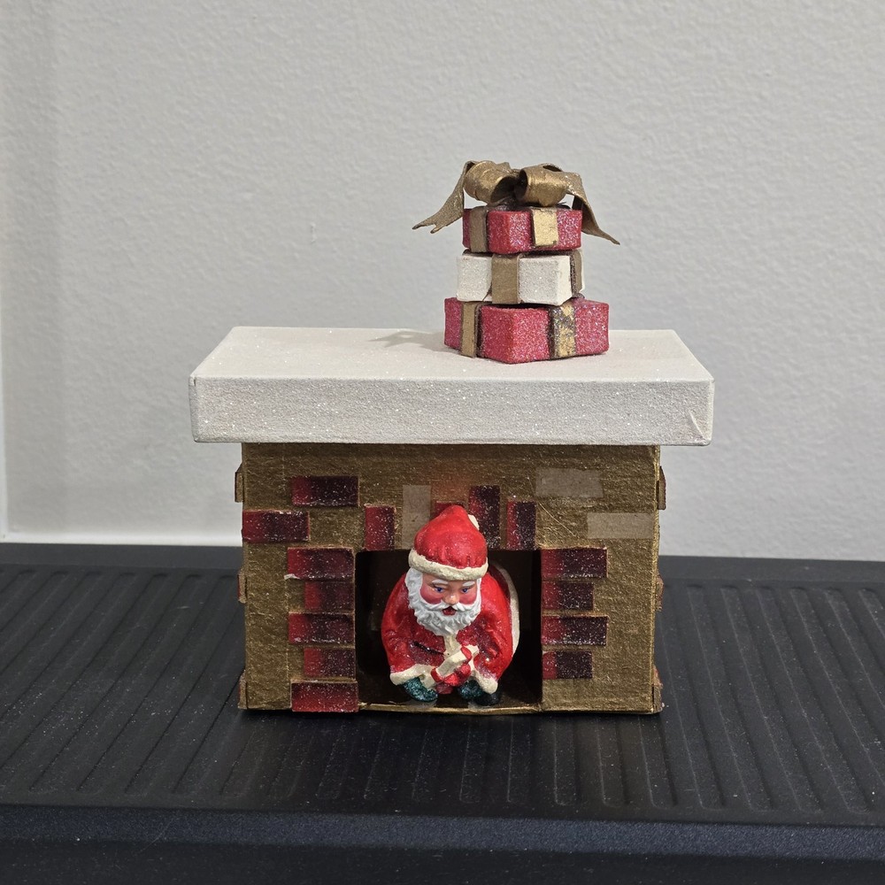 Vintage Cardboard Christmas Santa Box Japanese Putz-style cardboard fireplace