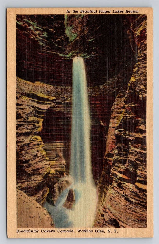 Cavern Cascade Waterfall Watkins Glen New York Vintage NY Postcard Finger Lakes
