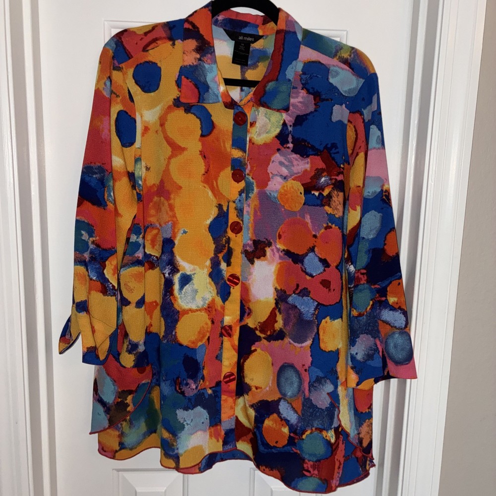 Ali Miles Shirt Jacket Women’s 1X Multicolor Artsy Tunic Button Up Relaxed EUC