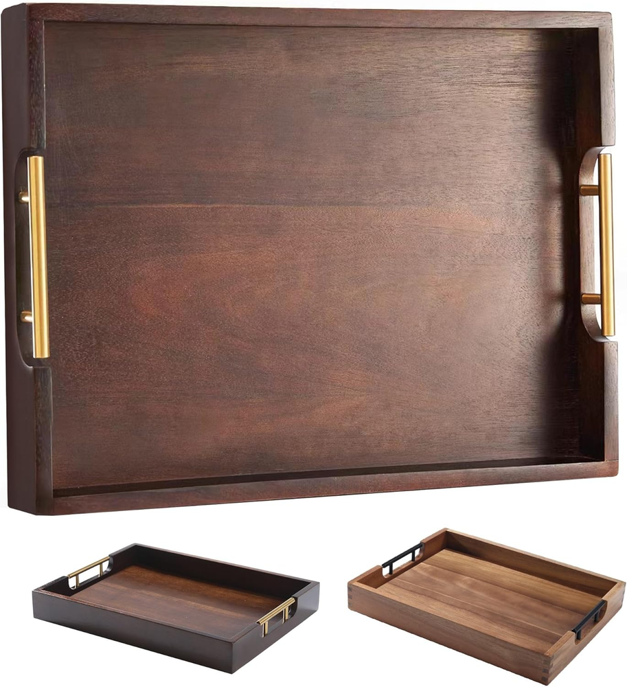 Acacia Wood Serving Tray with Metal Handles for Ottoman or Coffee Table Decor  -image