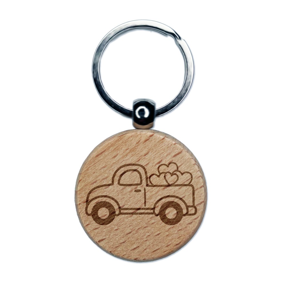 Cute Truck with Hearts Engraved Wood Round Keychain Tag Charm