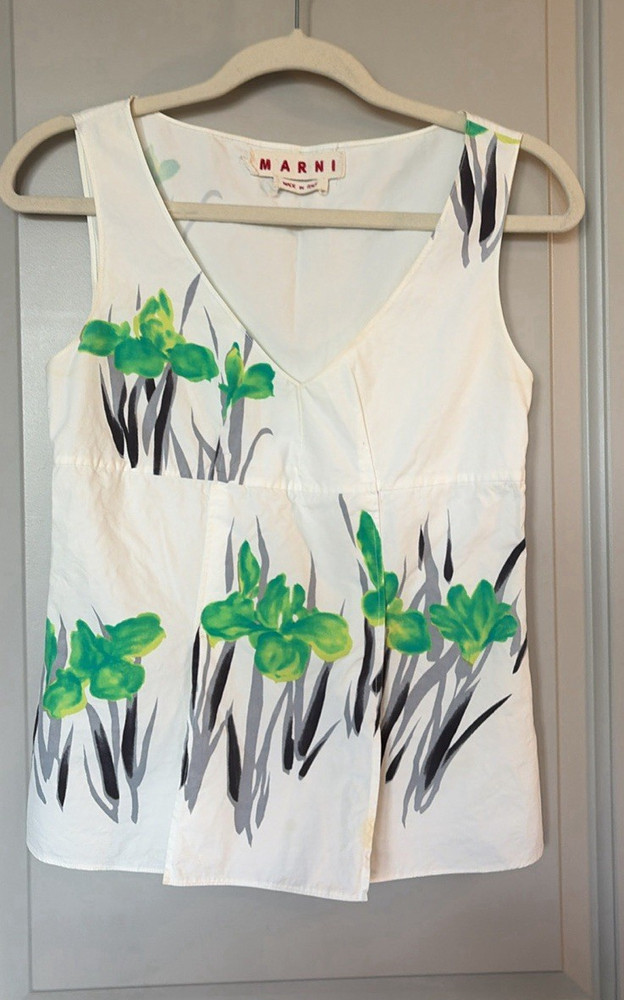 Marni Floral Print V-Neck Sleeveless Cotton Woven Tank Top, Size 38