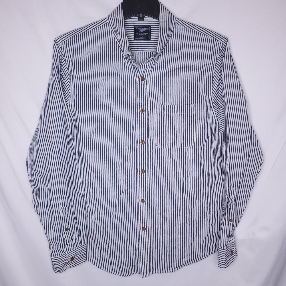 Abercrombie Fitch Linen Shirt Mens XL Striped Blue, White Long Sleeve
