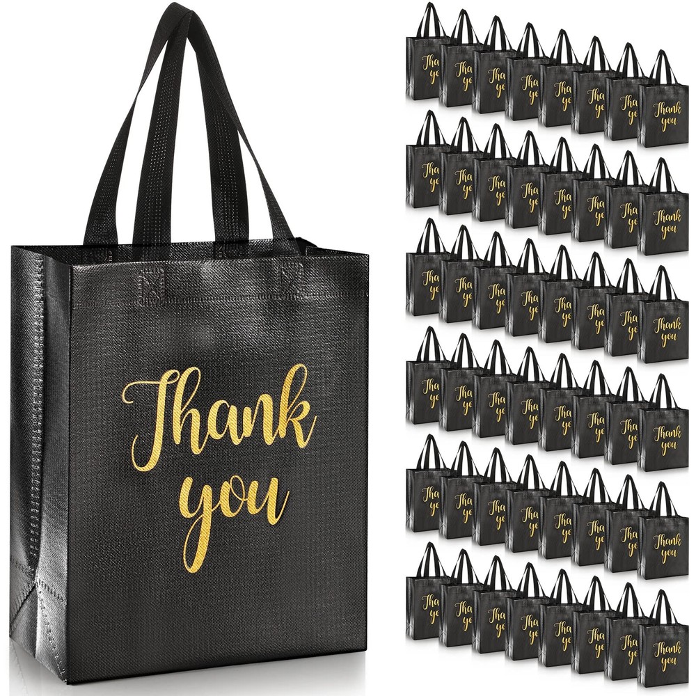 50 Glossy Thank You Gift Bags with Handles 8x4x10 Inch Reusable Non-Woven Party Favor Pouches