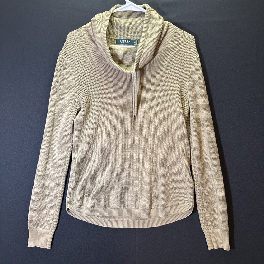 Lauren Ralph Lauren Waffle Knit Hoodie Womens Medium Mock Neck Hood Tan Brown