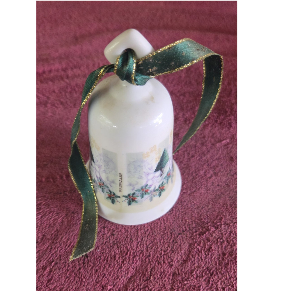 Ceramic Christmas Bell Hand Painted Holly & Tree Design Green Accent-image