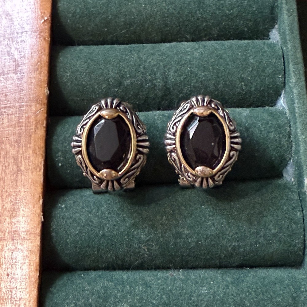 Brighton Silver Gold Black Stone Stud Earrings