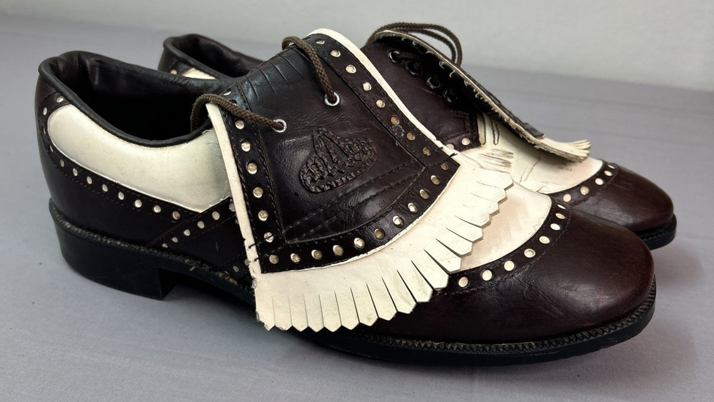 VTG 1950s Footjoy Saddle Golf Shoes Steel Spikes Brogue Kiltie Fringe Oxford