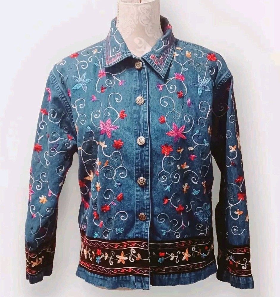 Life style Floral Embroidered Bohemian  Hippie Denim Jacket Size Medium